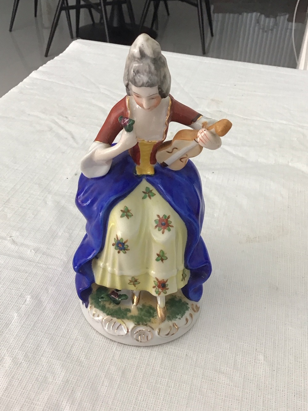 Vintage Hand-Painted Porcelain Figurine - Blue, Yellow, Red Accent #109